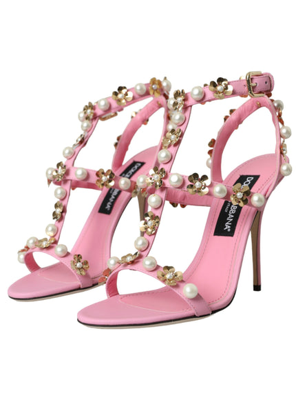 a pair of pink high heels with pearls