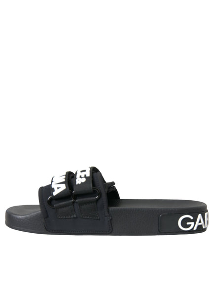 a black and white slider sandal with the word gap on it