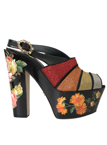 a women's shoe with multicolored flowers on it