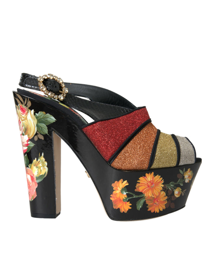 a women's shoe with multicolored flowers on it