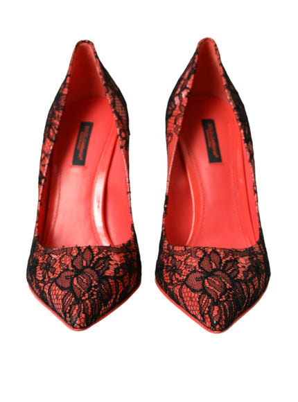 a pair of red and black lace shoes