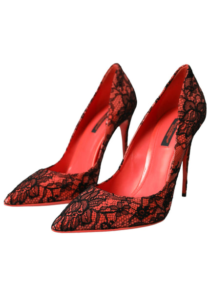 a pair of red high heels with black lace