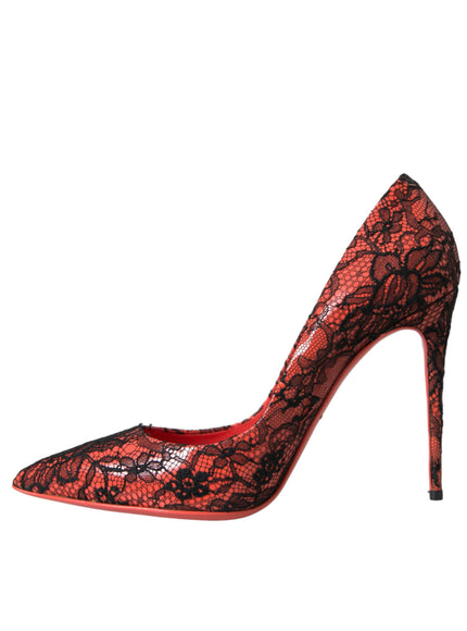 a pair of red and black lace high heels