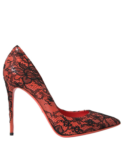 a red and black lace high heel shoe