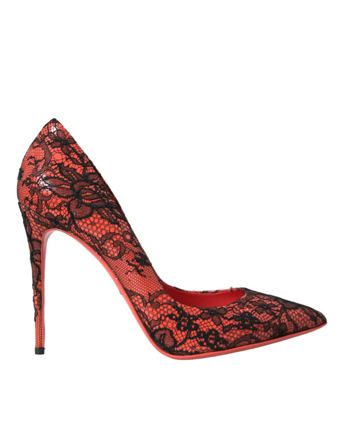 a red and black lace high heel shoe