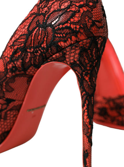 a pair of red high heels with black lace