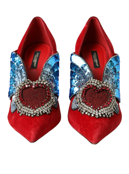 a pair of red shoes with blue and silver decorations