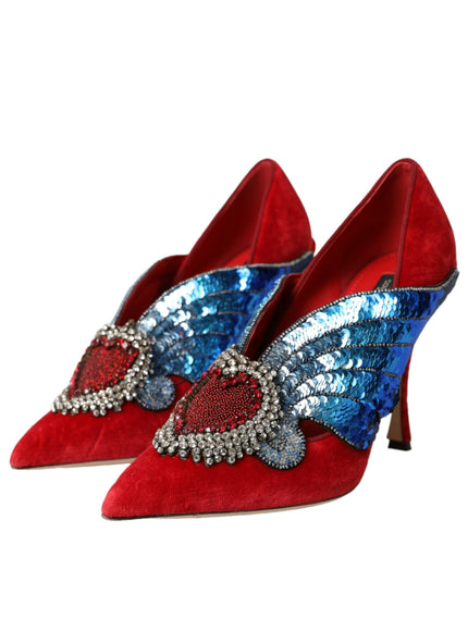 a pair of red and blue shoes with sequins