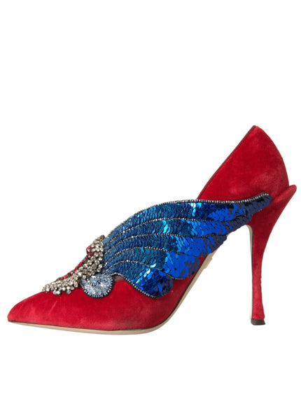 a red high heel shoe with blue sequins