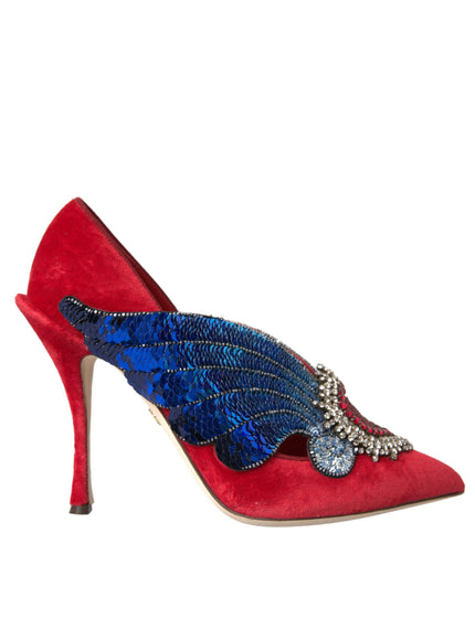 a red high heel shoe with blue and red feathers