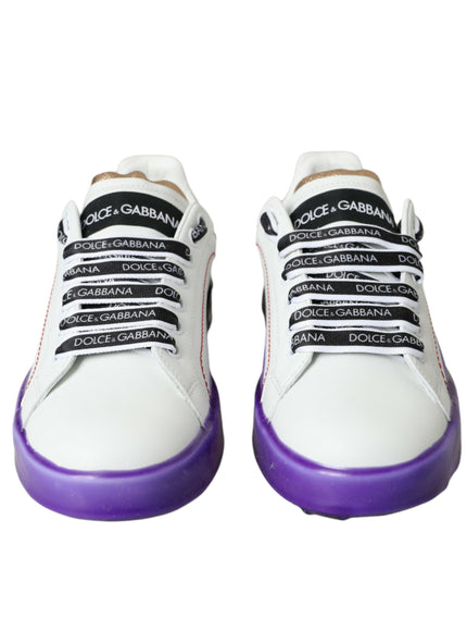 a pair of white sneakers with purple soles