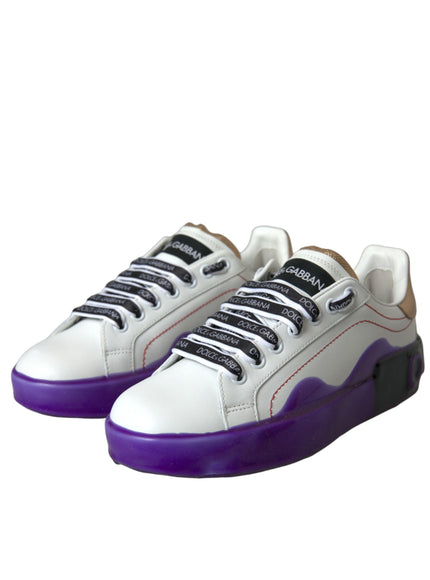 a pair of white and purple sneakers