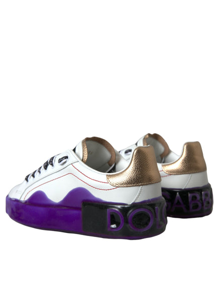 a pair of white and purple sneakers