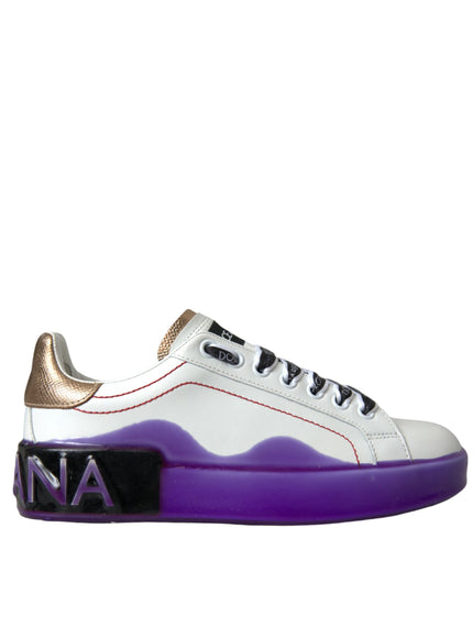 a white and purple sneaker with a gold toe