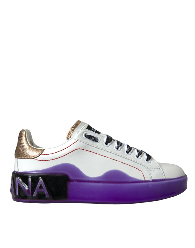 a white and purple sneaker with a gold toe