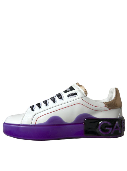 a white and purple sneaker with black and white lettering