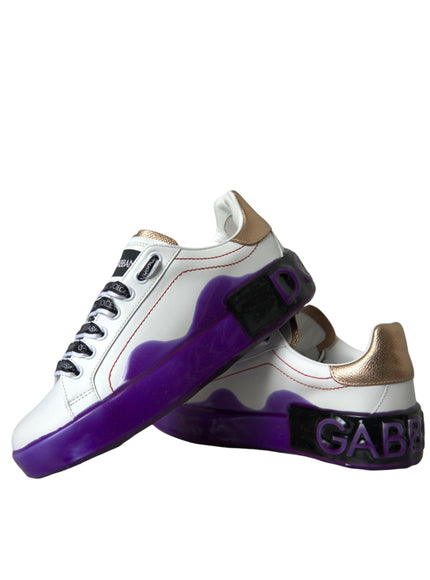 a pair of white and purple sneakers