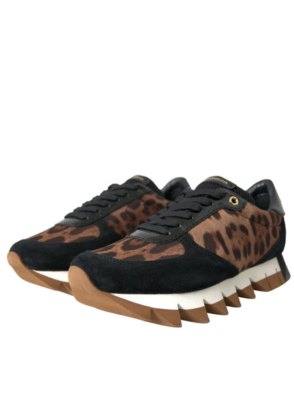 a pair of leopard print sneakers on a white background