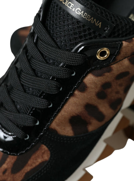 a close up of a shoe with a leopard print