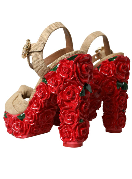 a pair of red shoes with roses on them