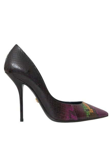 a women's high heel shoe with a snake skin pattern