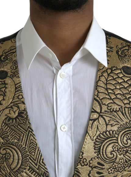 a close up of a man wearing a gold jacket