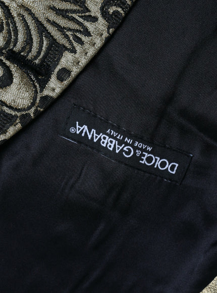 a label on a black jacket with a floral pattern