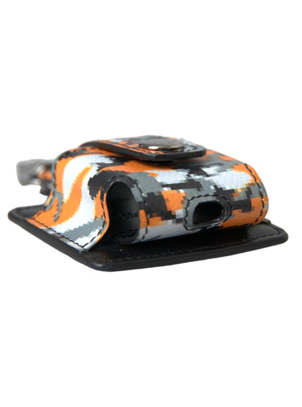 an orange and black camera case on a white background