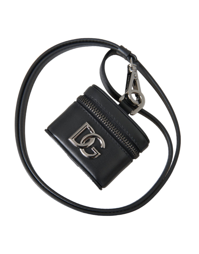 a black purse with a silver logo on it