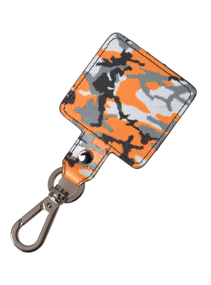 an orange and gray camo id holder with a metal hook