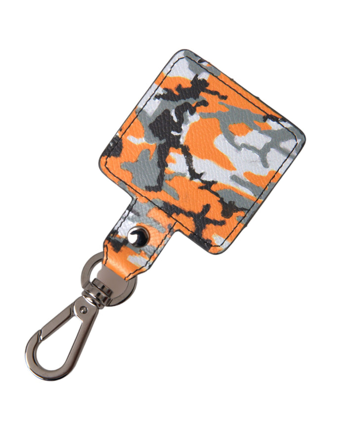 an orange and gray camo id holder with a metal hook