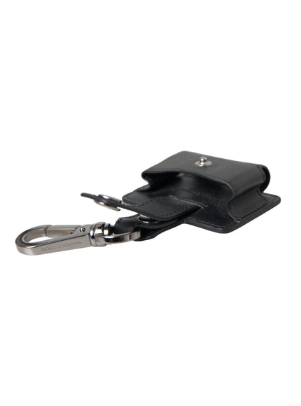 a black leather case with a metal hook