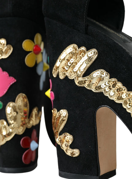 a pair of black high heels with gold sequins