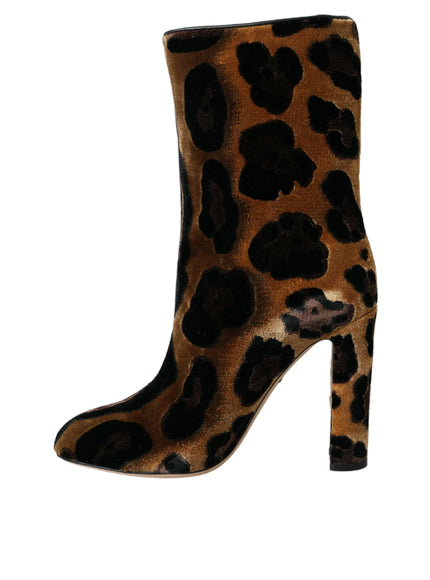 a brown and black animal print high heel boot