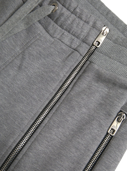 Gray jogger sweatpants zipper and pocket detail