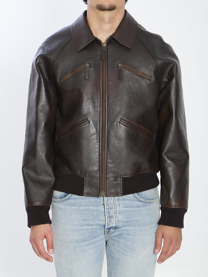 Celine Calf Leather Bomber Jacket Brown