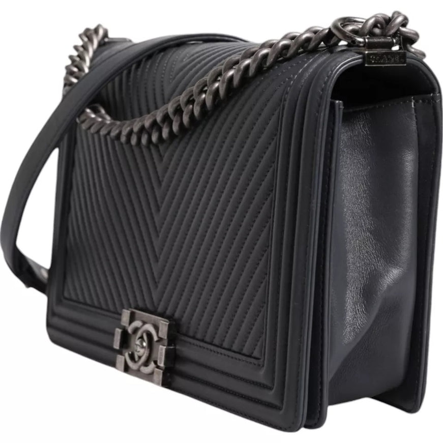 Chanel Gray Large Boy Bag In Lambskin Leather