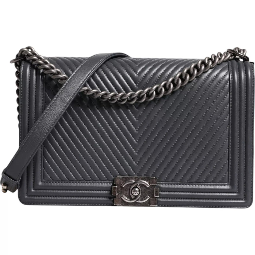 Chanel Gray Large Boy Bag In Lambskin Leather