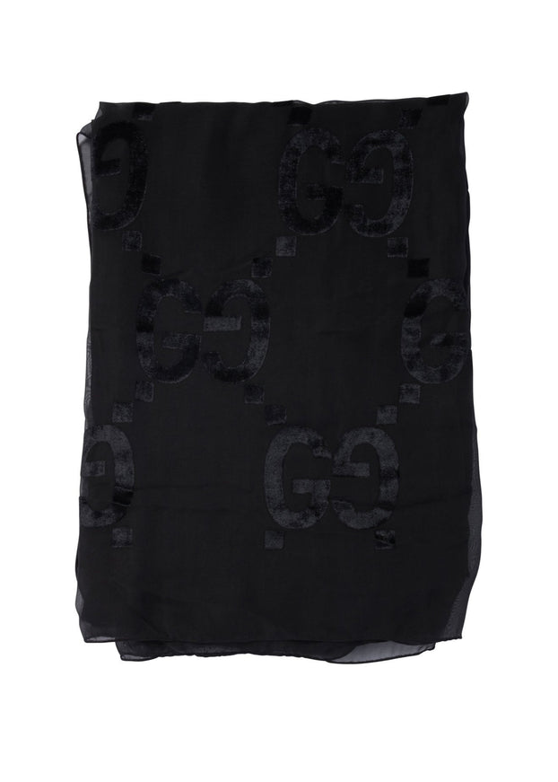 Gucci GG Flocked-Logo Scarf In Black