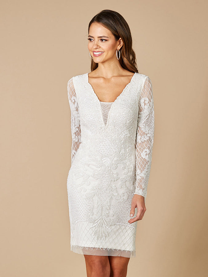 Lara New York 51052 Carla Long Sleeve Beaded Lace Mini Dress Ivory