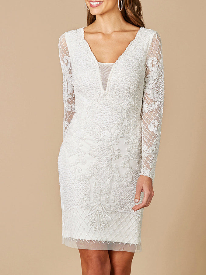 Lara New York 51052 Carla Long Sleeve Beaded Lace Mini Dress
