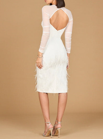 Lara 51208 Long Sleeve Bridal Short Dress with Feathers