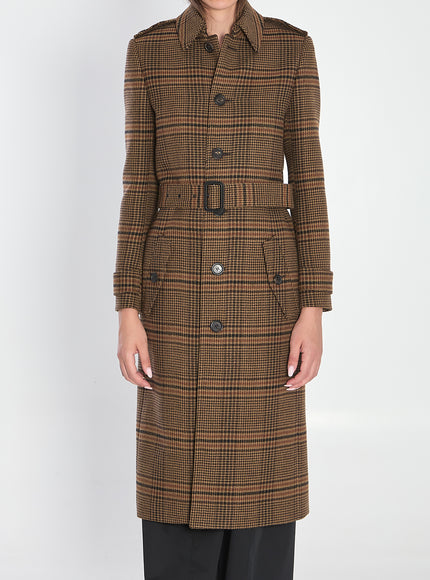 Saint Laurent Long Coat In Prince Of Wales Wool Brown