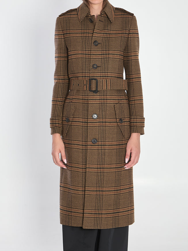 Saint Laurent Long Coat In Prince Of Wales Wool Brown