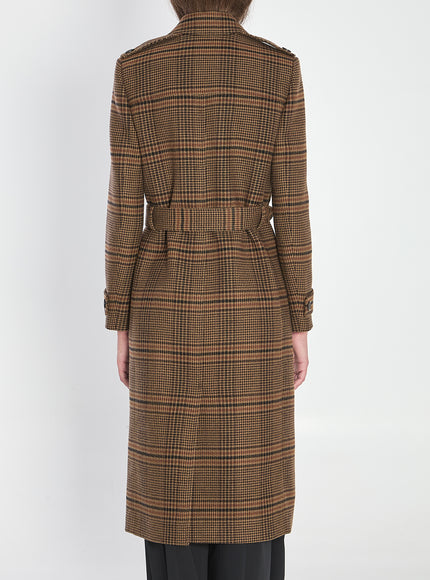 Saint Laurent Long Coat In Prince Of Wales Wool