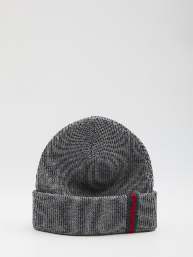 Gucci Wool Beanie With Web Detail Grey