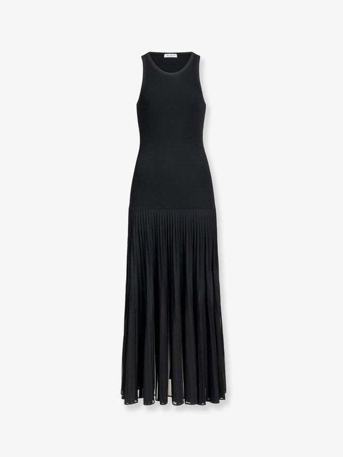 Alaia Long Pleated Viscose Blend Dress Noir Alaia
