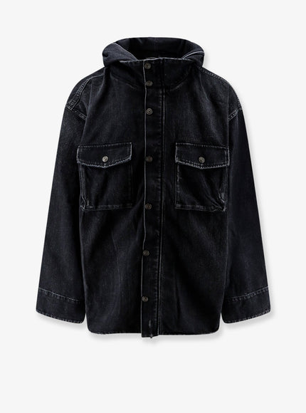 Balenciaga Hooded Denim Jacket with Embroidered Logo Black