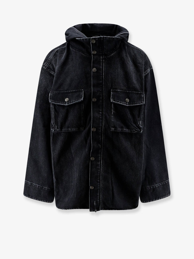 Balenciaga Hooded Denim Jacket with Embroidered Logo Black