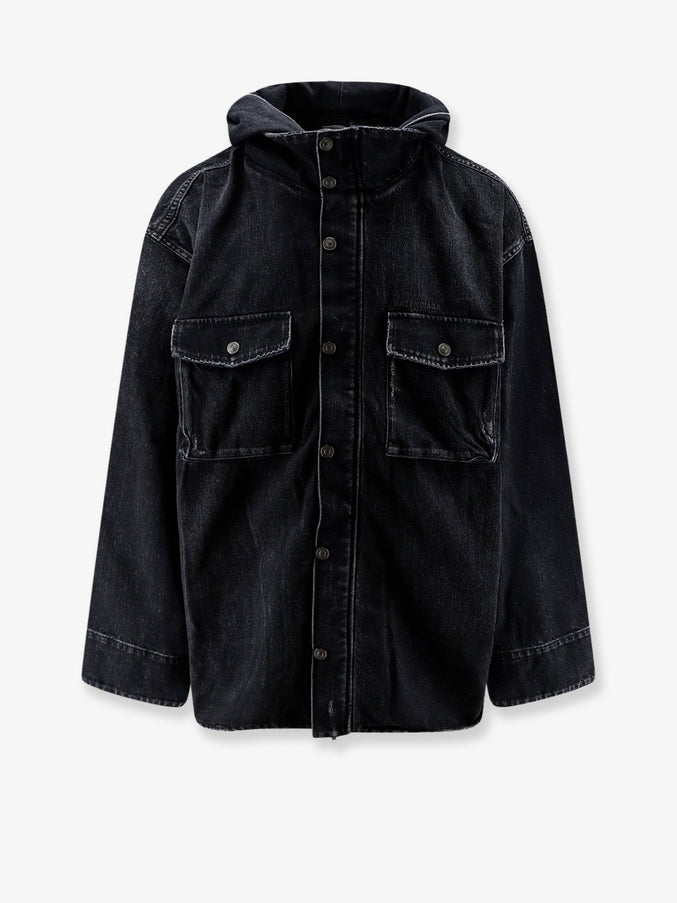 Balenciaga Hooded Denim Jacket with Embroidered Logo Black